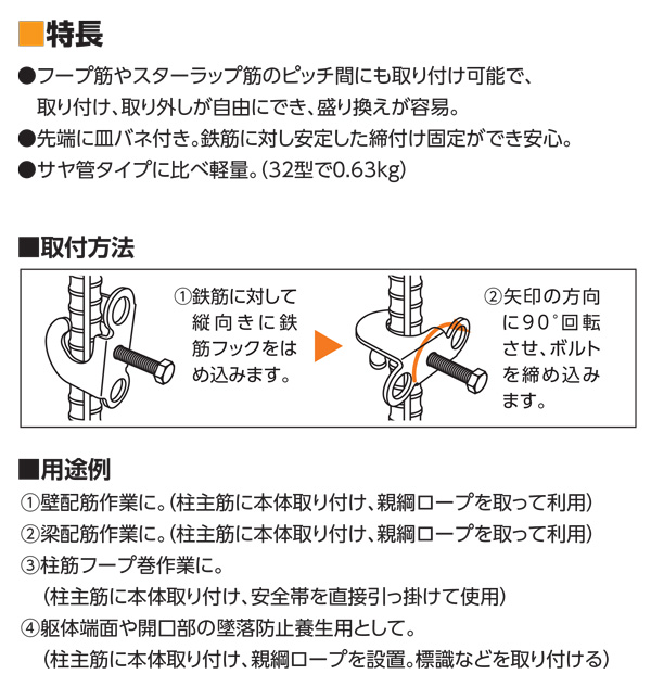 墜落災害防止用金具 KS鉄筋フック32型 鉄筋D22～32用 (20個入り) 国元商会