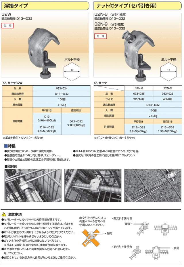 鉄筋無溶接固定具 KSガッツ 32W 鉄筋D10～D32 100個入り (国元商会)