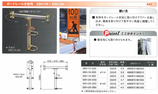 サインホルダー(ガードレール支柱用) SBH-1N-550 適用看板幅550/300/280幅 (ワン・ツゥ・スリー)