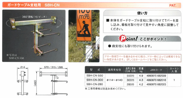 サインホルダー(ガードケーブル支柱用) SBH-CN-550 適用立看板550/300/280幅 (ワン・ツゥ・スリー)